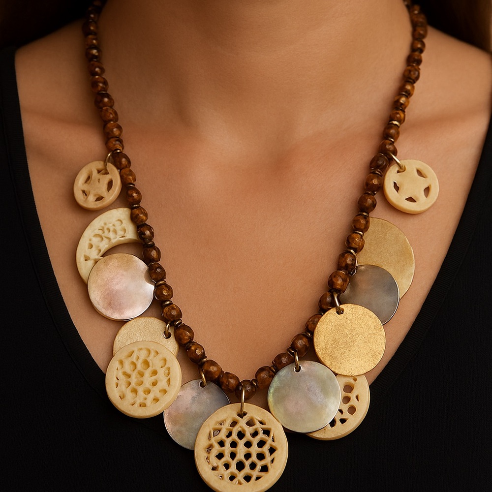 Avon Necklace Vintage Metal Shell discs Filigree Resin Charms Mandela 17”
